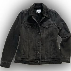 Faux shearling lined black denim jacket